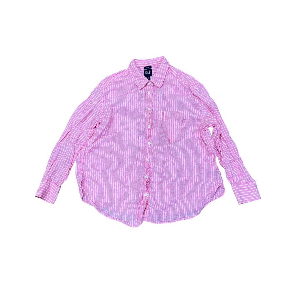 Gap Women 100% Linen Button Down Shirt Medium M Pink White Striped Long Sleeve